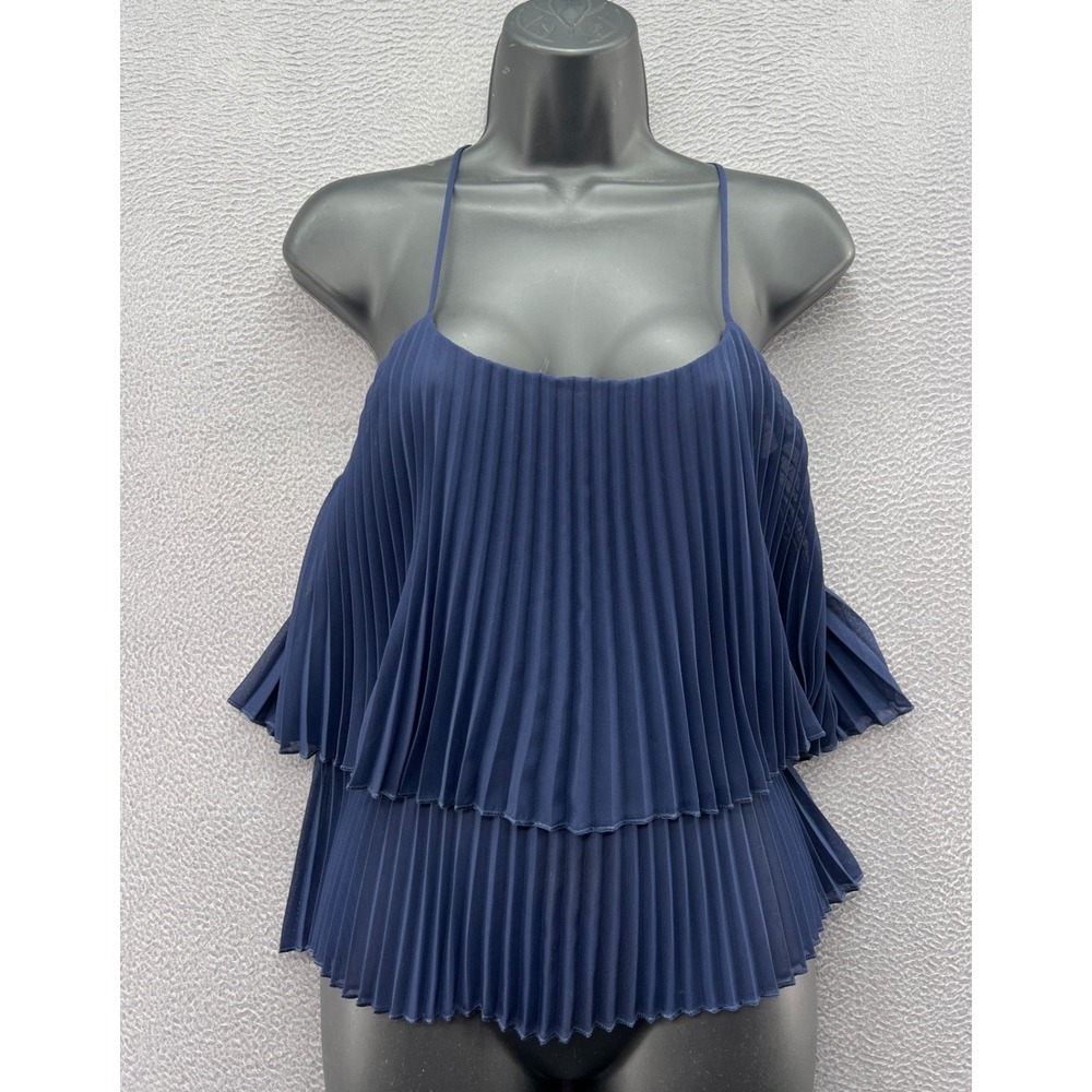 Toska Blouse Womens Sz S Navy Blue Pleated Tiered Camisole Top Spaghetti Strap